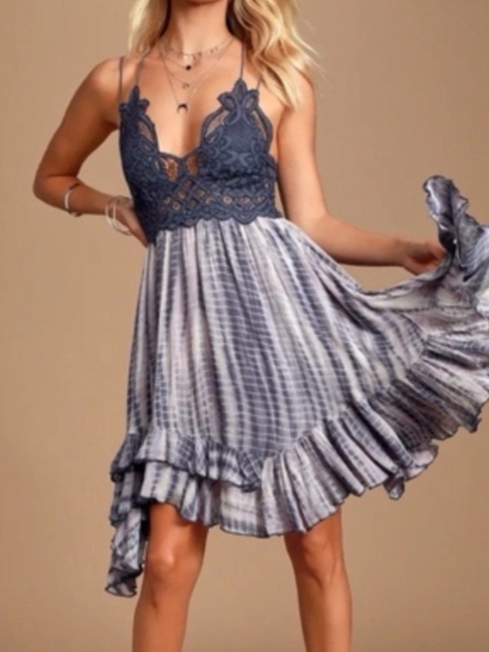 FREE PEOPLE "Adella" Mini Slip Dress With Lace Top, Blue/Tie Dye Purple, Size L
